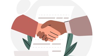 Businessmen make deal. Characters in costumes shake hands next to signed document. Entrepreneur got investment for business, organizations partnership metaphor. Cartoon flat vector illustration