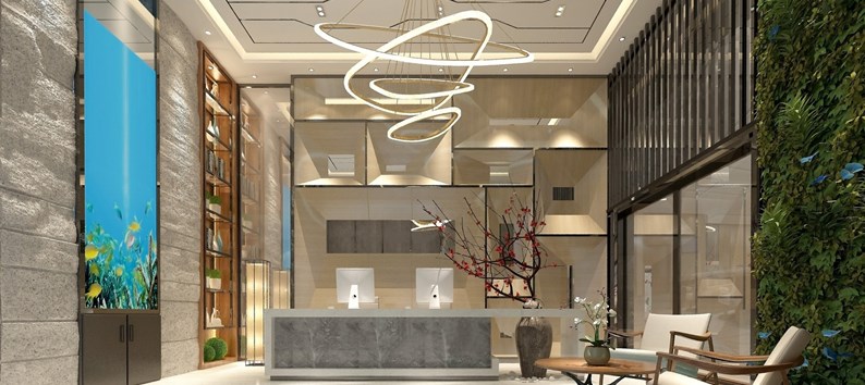 3d render of luxury hotel lobby entrance reception