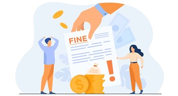 Tiny people getting paper sheet with fine flat vector illustration. Cartoon characters paying traffic bill, municipal tax or parking fee as penalty from police. Financial mulct or punishment concept