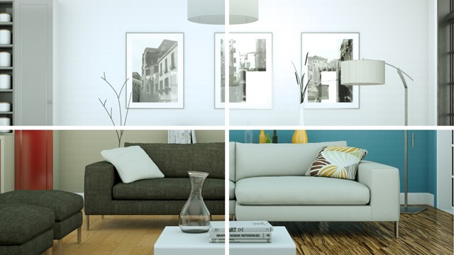 3d Illustration of splitted color variations of a modern loft interior design