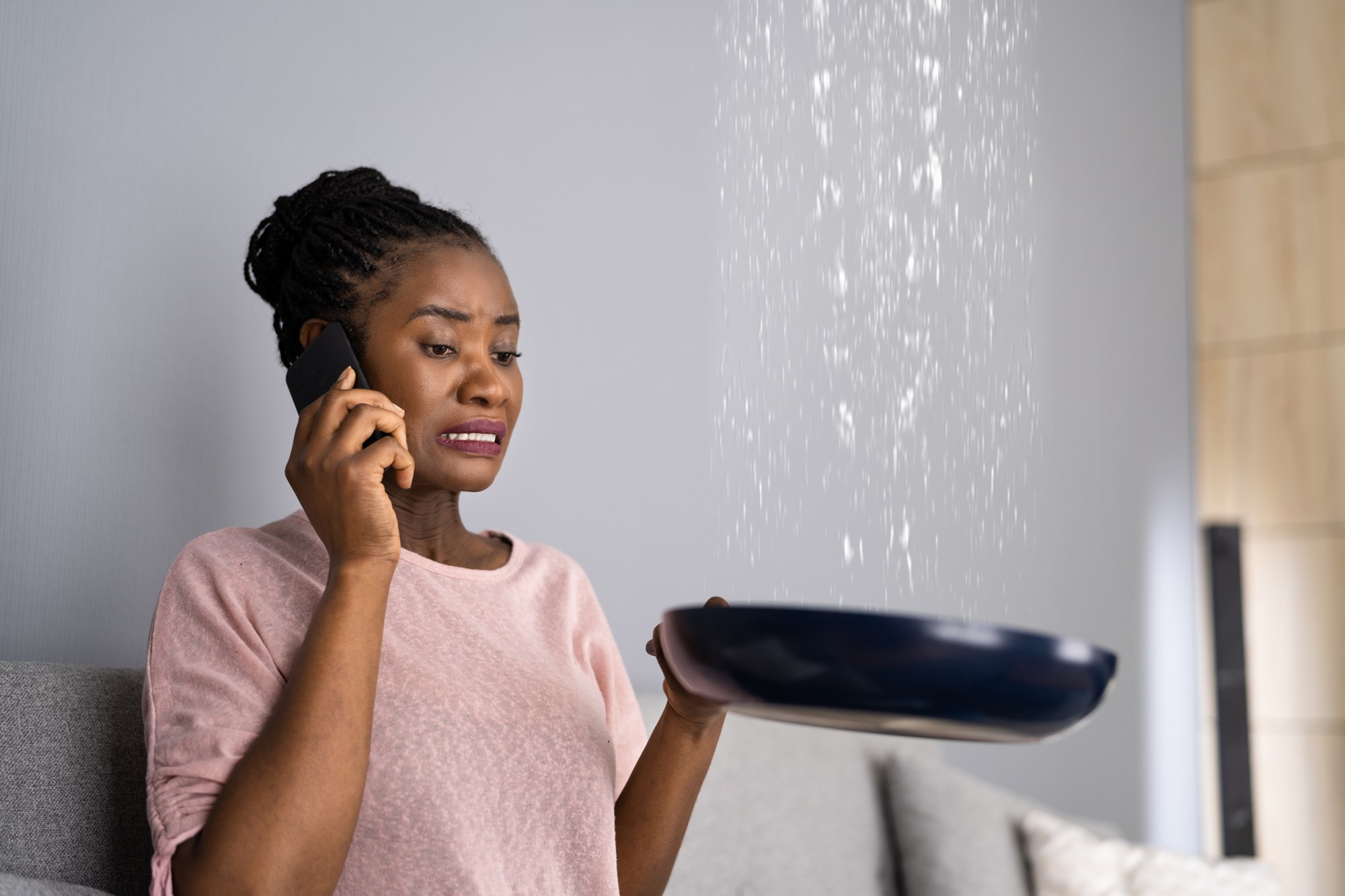 House Water Leak And Pipe Damage From Ceiling. Calling Plumber