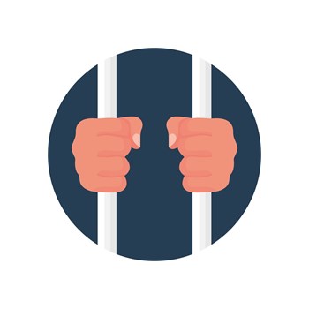 Hands holding prison bars, cartoon icon. Criminal man behind bars. Hands in handcuffs. Human in jail. Prisoner concept. Vector illustration flat design. Arrest of person. Isolated on white background.
