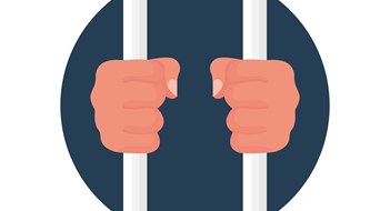 Hands holding prison bars, cartoon icon. Criminal man behind bars. Hands in handcuffs. Human in jail. Prisoner concept. Vector illustration flat design. Arrest of person. Isolated on white background.