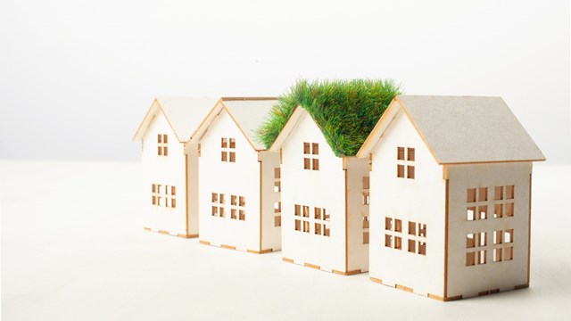 house with green roof in among white houses for real estate property industry