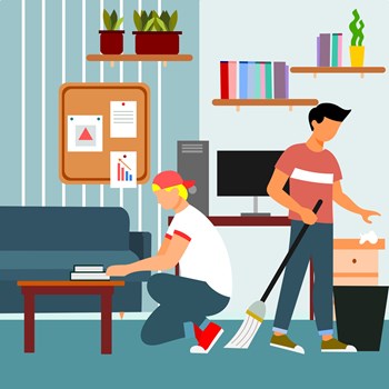 flat design, vector , illustration of cleaning a room with college roommates