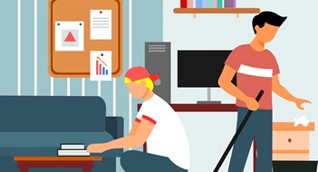 Q&A: Roommate Rules flat design, vector , illustration of cleaning a room with college roommates