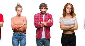 Everybody Hates Assessments Collage of group of young people over colorful isolated background skeptic and nervous, disapproving expression on face with crossed arms. Negative person.