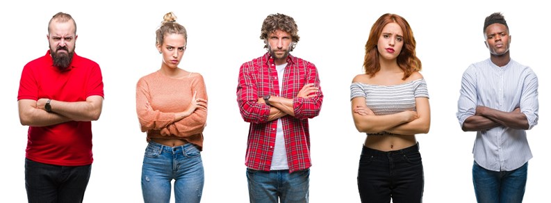 Collage of group of young people over colorful isolated background skeptic and nervous, disapproving expression on face with crossed arms. Negative person.