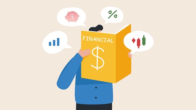 Financial literacy and investment. Handbook of knowledge in money management. Stock market. A young man or businessman reading a financial manual.