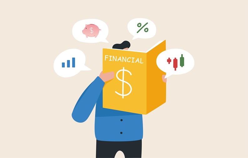 Financial literacy and investment. Handbook of knowledge in money management. Stock market. A young man or businessman reading a financial manual.