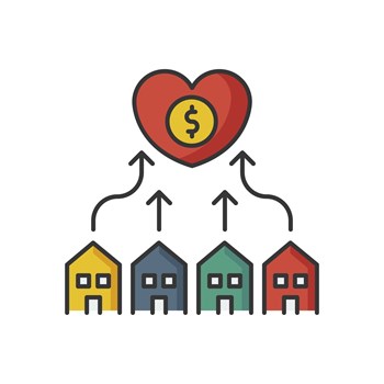 Neighborhood development RGB color icon. Suburban community union. Financial contribution to residential housing. Affordable home and apartment. Buy mansion with loan. Isolated vector illustration