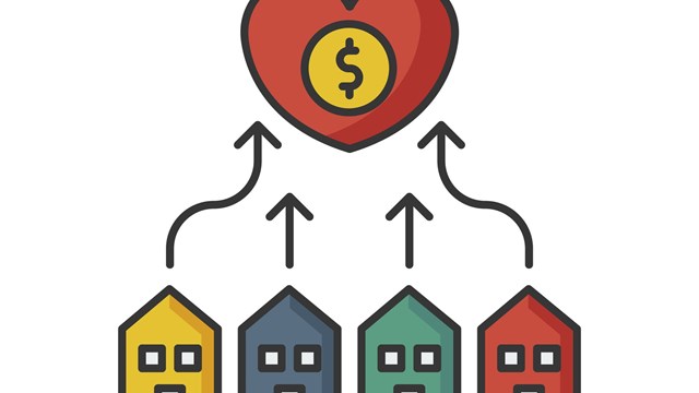 Neighborhood development RGB color icon. Suburban community union. Financial contribution to residential housing. Affordable home and apartment. Buy mansion with loan. Isolated vector illustration