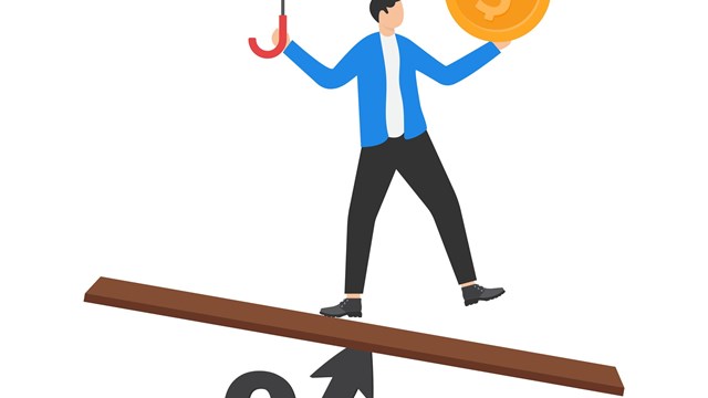 Businessmen balance himself on percentage signs. Central bank money policy for inflation or interest rate, balance between profit and loss, financial challenge or risk, economic recovery concept.