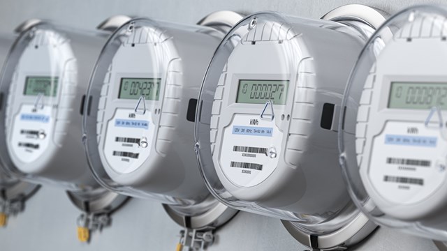 Digital electric meters in a row measuring power use. Electricity consumption concept. 3d illustration