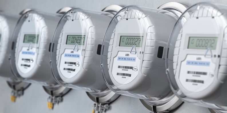 Digital electric meters in a row measuring power use. Electricity consumption concept. 3d illustration