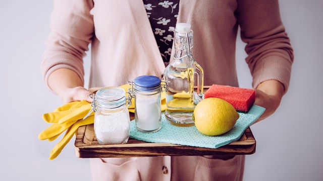 Natural cleaners concept. Woman holding eco friendly home cleaning ingredients, white vinegar, lemon, baking soda, citric acid concept.