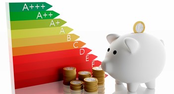 Carbon Reduction Programs 3D illustration. Energy efficiency class. Energy saving. As the energy saving class of household appliances increases, the money savings displayed by Euro coins increases.