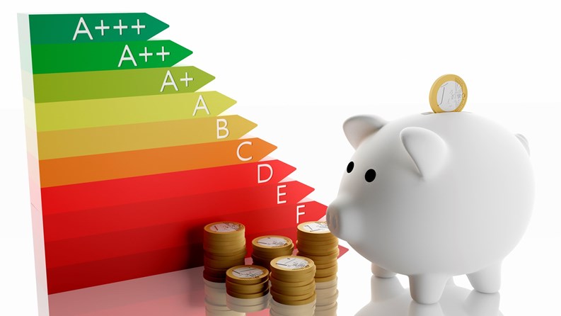 3D illustration. Energy efficiency class. Energy saving. As the energy saving class of household appliances increases, the money savings displayed by Euro coins increases.