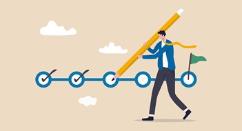 Buyer Beware Project tracking, goal tracker, task completion or checklist to remind project progress concept, businessman project manager holding big pencil to check completed tasks in project management timeline.