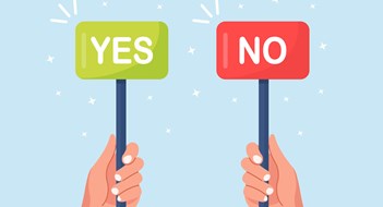 Board Approval Human hand hold banner, placard with word Yes, No. Test question, choice, dispute, vote concept