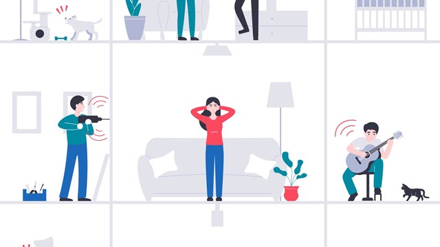 Stay at home. Isolation girl suffers from noisy neighbors. Quarantine period. Novel coronavirus pandemic. Flat vector cartoon modern design illustration.
