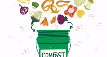 Food Scrap Recycling Flat style vegetable kitchen scraps and green compost bin on background with doodles. Organic waste for domestic composting. Parings and peelings of banana, egg, potato, apple, corn, onion, pepper
