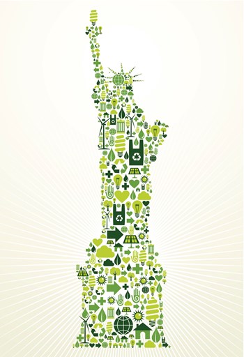 New York go green. Eco friendly icon set in Statue of Liberty shape illustration background. Vector file layered for easy manipulation and custom coloring.
