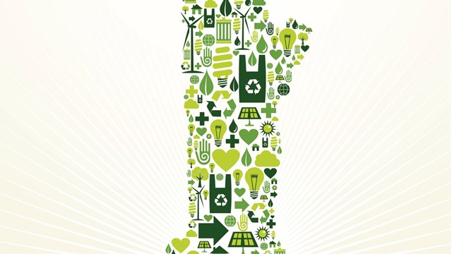New York go green. Eco friendly icon set in Statue of Liberty shape illustration background. Vector file layered for easy manipulation and custom coloring.