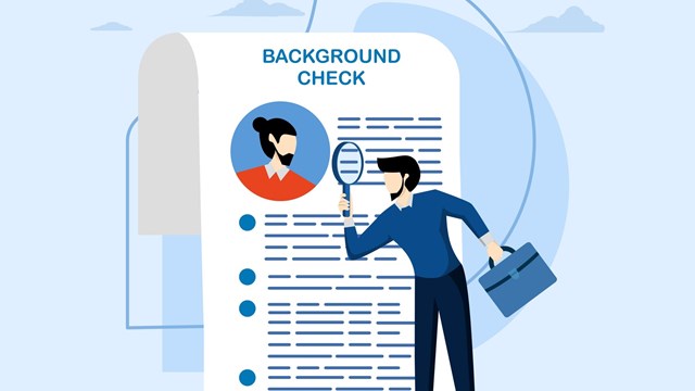 Background check for employment or hiring, work experience or career history concept, criminal or drug check on candidate or employee, businessman with magnifying glass checking candidate documents.