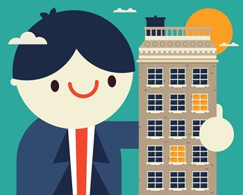 Smiling giant businessman wraps his arm around a corporate building