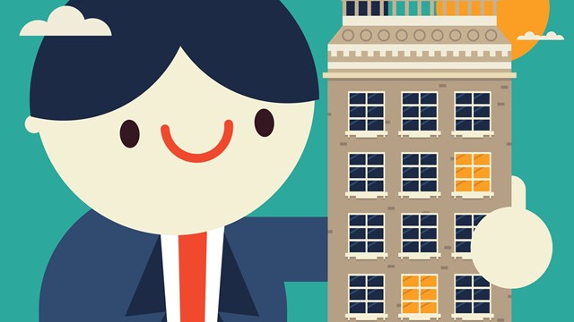Smiling giant businessman wraps his arm around a corporate building