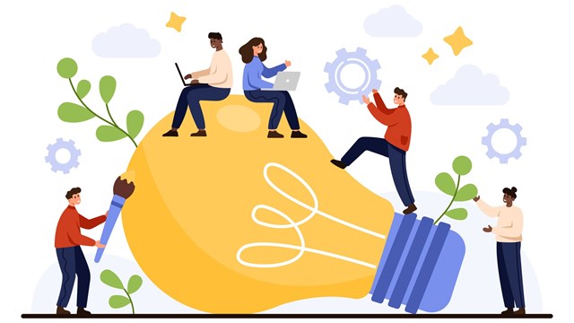 Creative team working together on innovation, brainstorming and problem solving with lightbulb symbolizing big idea, perfect for business teamwork and project planning vector illustration