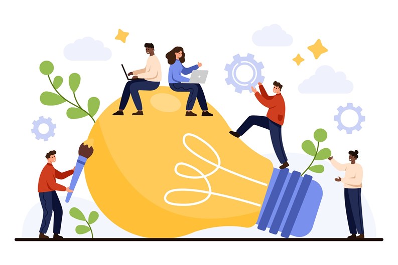 Creative team working together on innovation, brainstorming and problem solving with lightbulb symbolizing big idea, perfect for business teamwork and project planning vector illustration