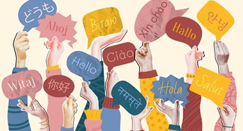 Q&A: Language Inclusivity International languages collage. Language school, mixed media halftone crowd of raised hands holding speech bubbles with greetings in multiple languages. Global communication vector illustration.