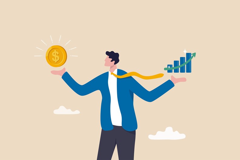 Value stock vs growth stock, comparison between investing style, professional choosing asset for earning or profit in market concept, businessman compare between value and growth stock in his hand.