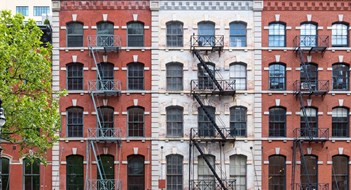 Preparing for Façade Work Block of historic buildings along Duane Street in the Tribeca neighborhood of New York City NYC