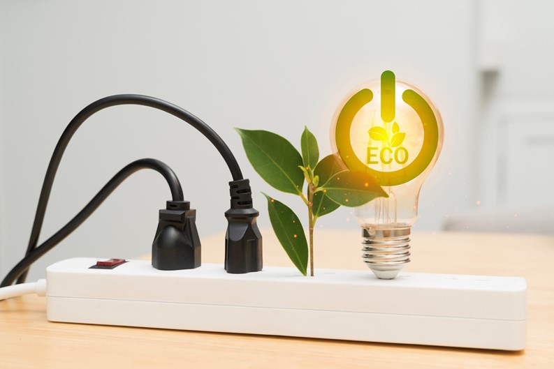 Small green plant and two black power cords plugged into a white power strip on a wooden desk, representing renewable energy, eco-friendly lifestyle, sustainability, environmental conservation concept