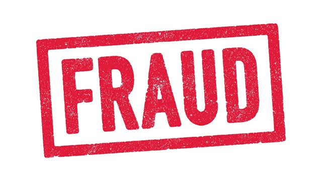 Vector illustration of the word Fraud in red ink stamp