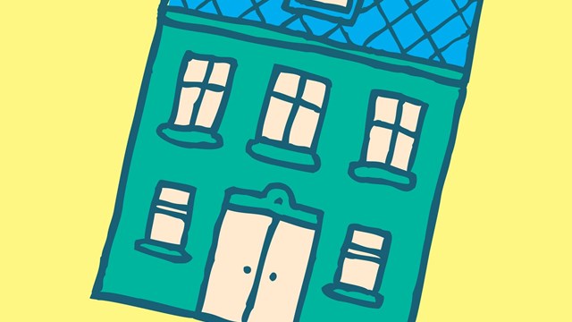 Cartoon illustration of man moving his home by carrying it on his back