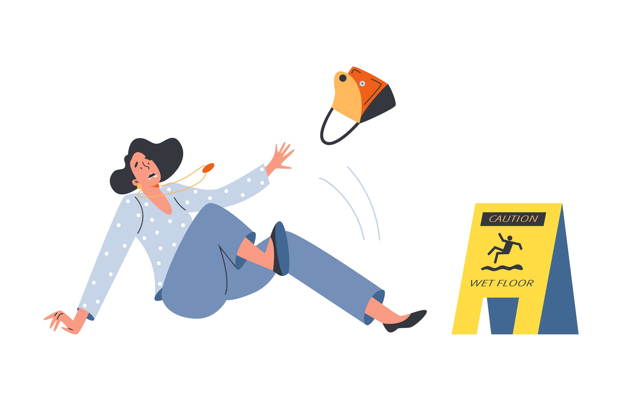 Woman falls by slipping on wet floor, cartoon flat vector illustration isolated on white background. Insured event against an accident and injury in public place.