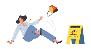 Maintaining Common Area Safety & Security Woman falls by slipping on wet floor, cartoon flat vector illustration isolated on white background. Insured event against an accident and injury in public place.