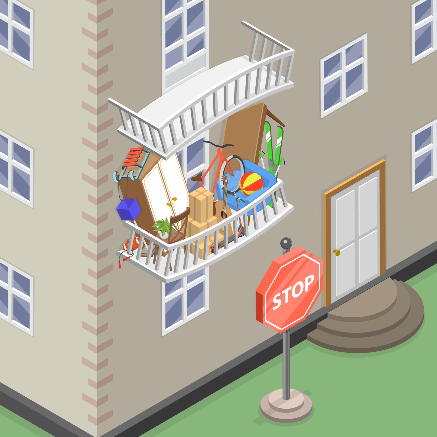3D Isometric Flat Vector Conceptual Illustration of Overflown Balcony, Excessive Consumerism
