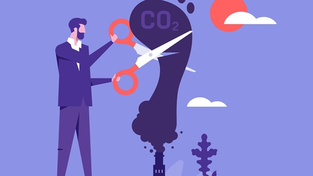 Global warming and environmental recovery plan concept, reduce carbon footprint and pollution produce, businessman cutting CO2 footprint  smoke from factory