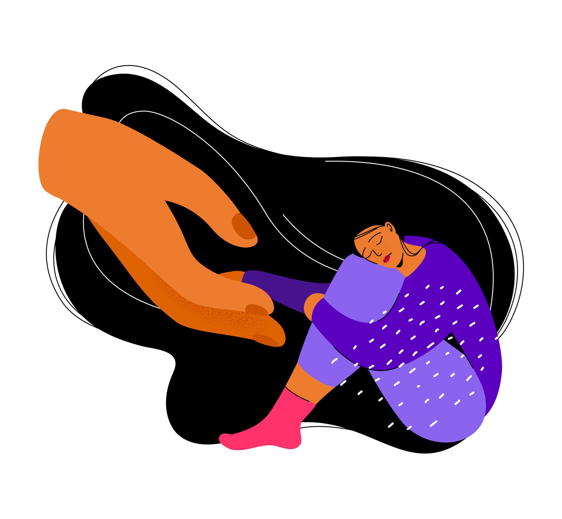 Helping hand - colorful flat design style illustration with linear elements. Composition with girl in pajamas, confused in her thoughts. Depression, despair, problems. Support from outside idea