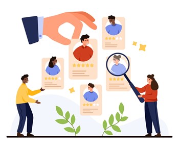 Human resources professionals evaluating candidate profiles, rating employees, and selecting the best worker for a job role, isolated on white background vector illustration