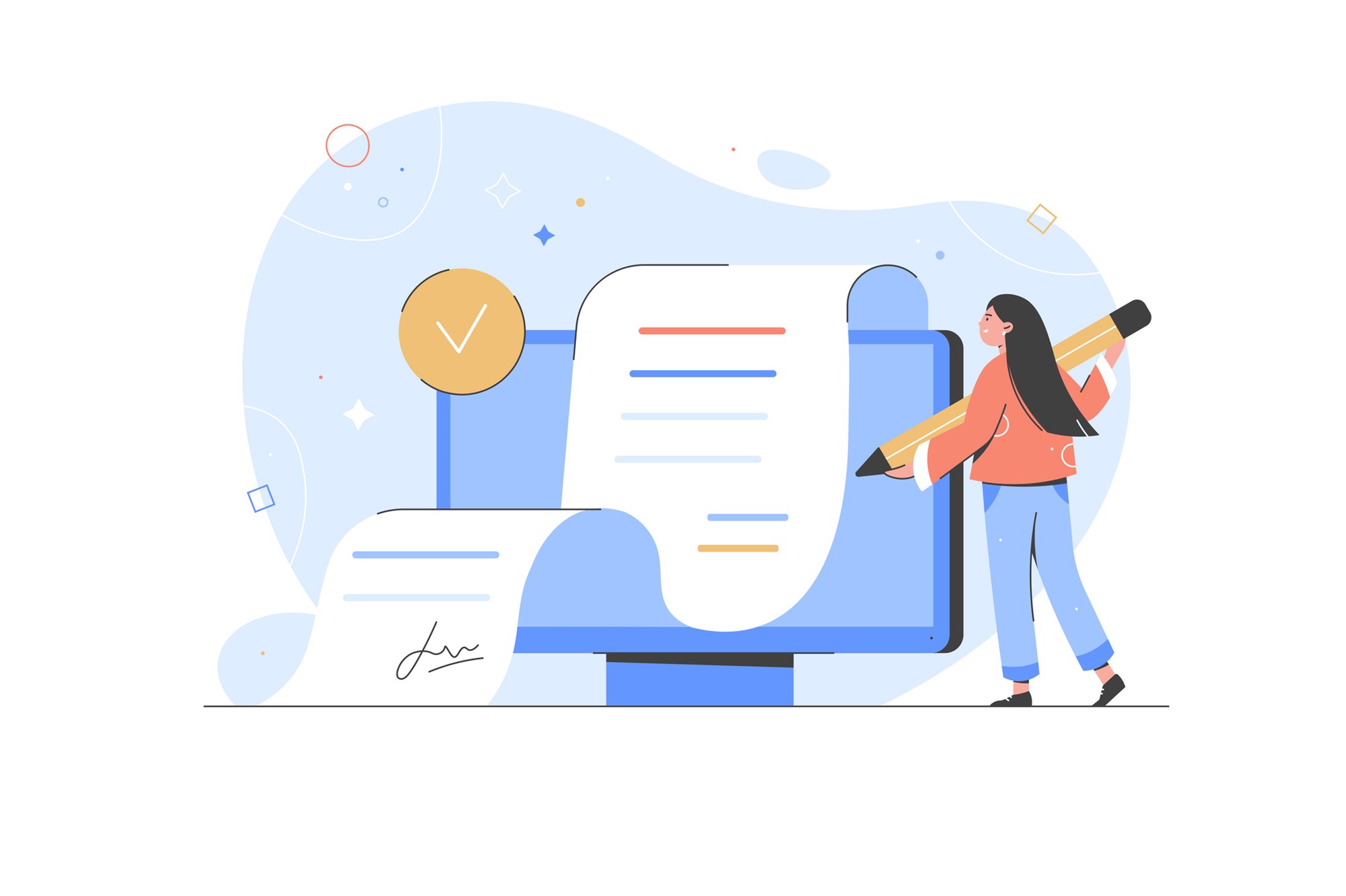 Character signing legal document, electronic contract or agreement online. Reading and signing contract terms and conditions. To do list. Vector flat vector illustration banner