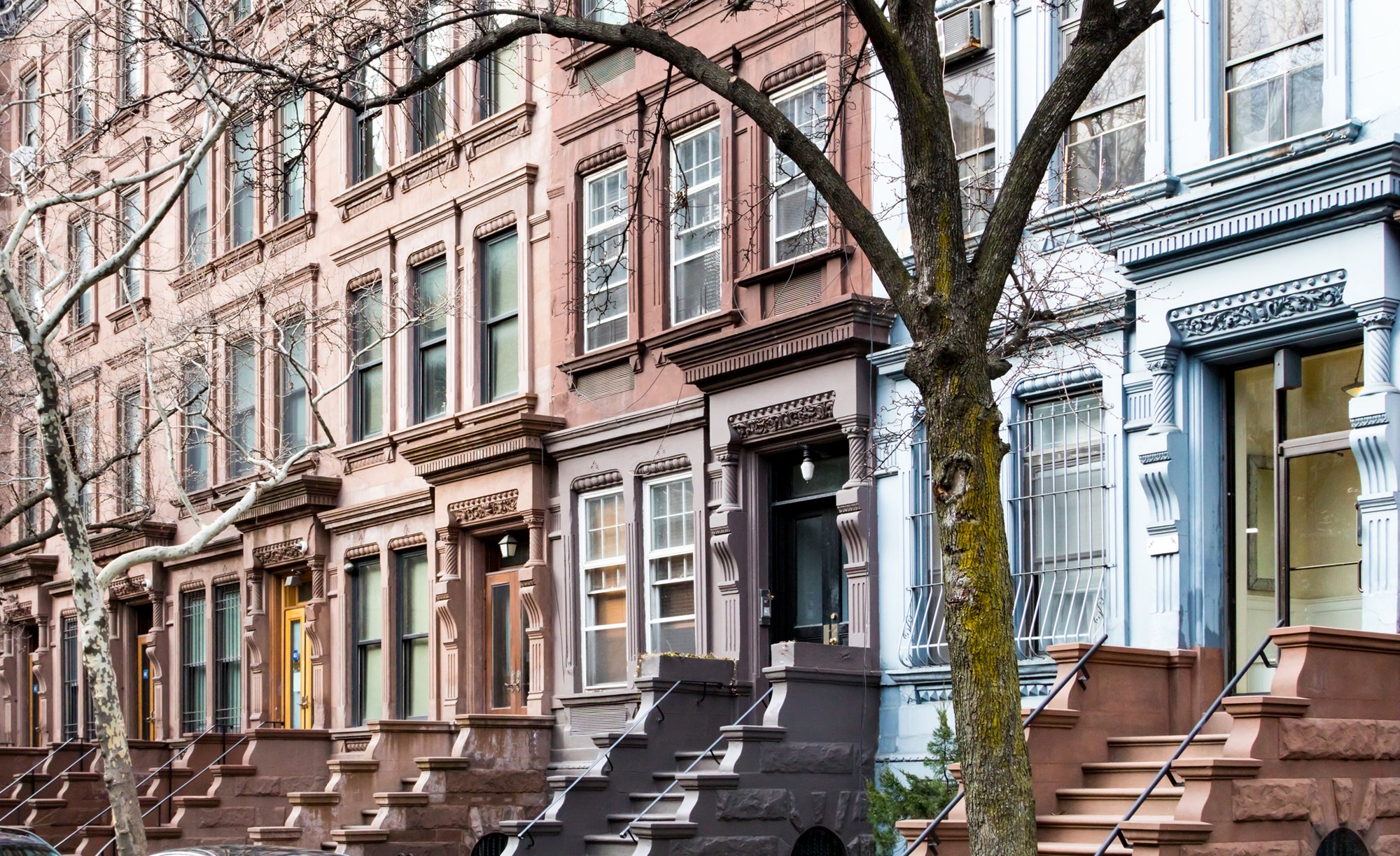 Block of historic brownstone homes on West 78th Street in the Upper West Side of Manhattan in New York City