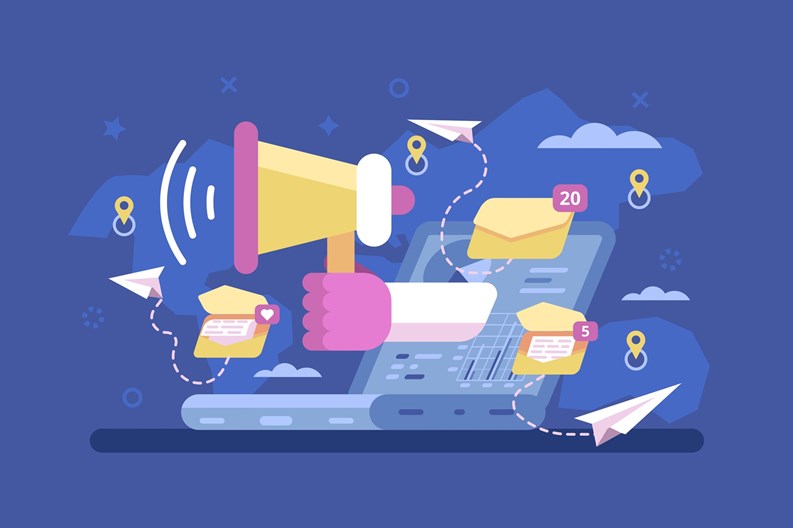 Mail marketing strategy promotion campaign. Sending and receiving e-mail by laptop screen with envelopes flat style concept vector illustration. Design for website apps