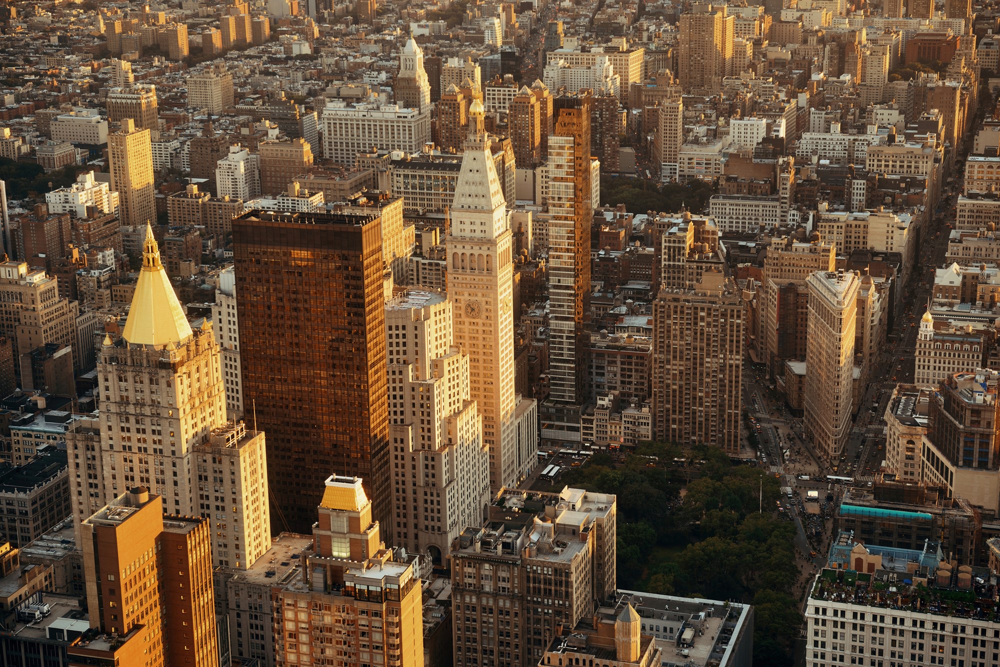 New York City rooftop view with downtown Manhattan skyscrapers and urban cityscape.