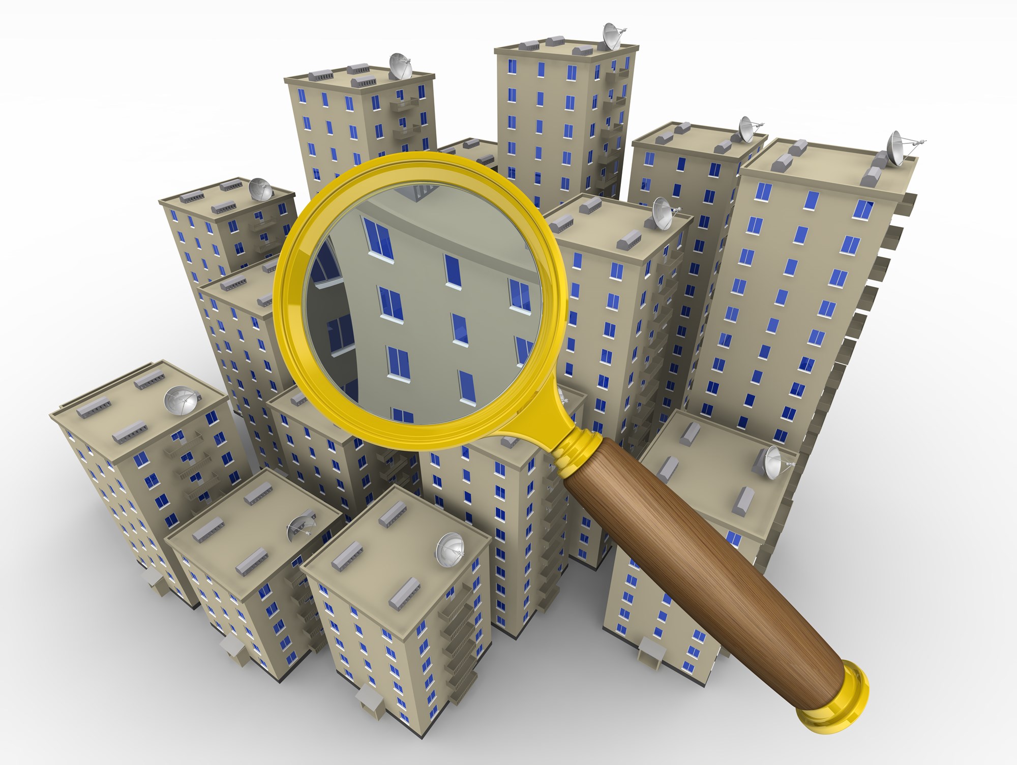 Multi-storey residential buildings on a white surface and loupe. The concept of real estate search. The three-dimensional illustration